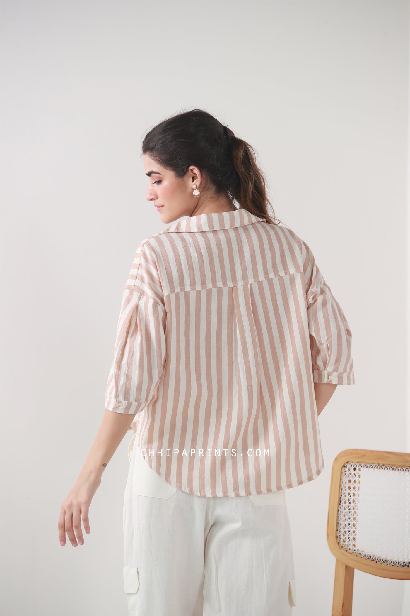 Cotton Stripes Print Relax Fit Shirt in Taupe
