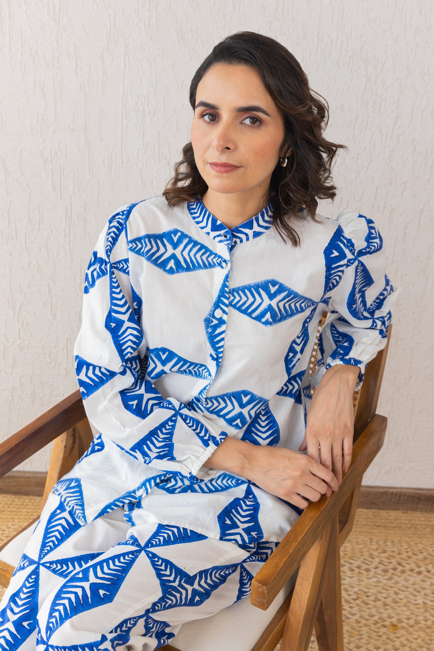 Cotton Star Block Print Relax Shirt & Pants Co Ord Set in Blue