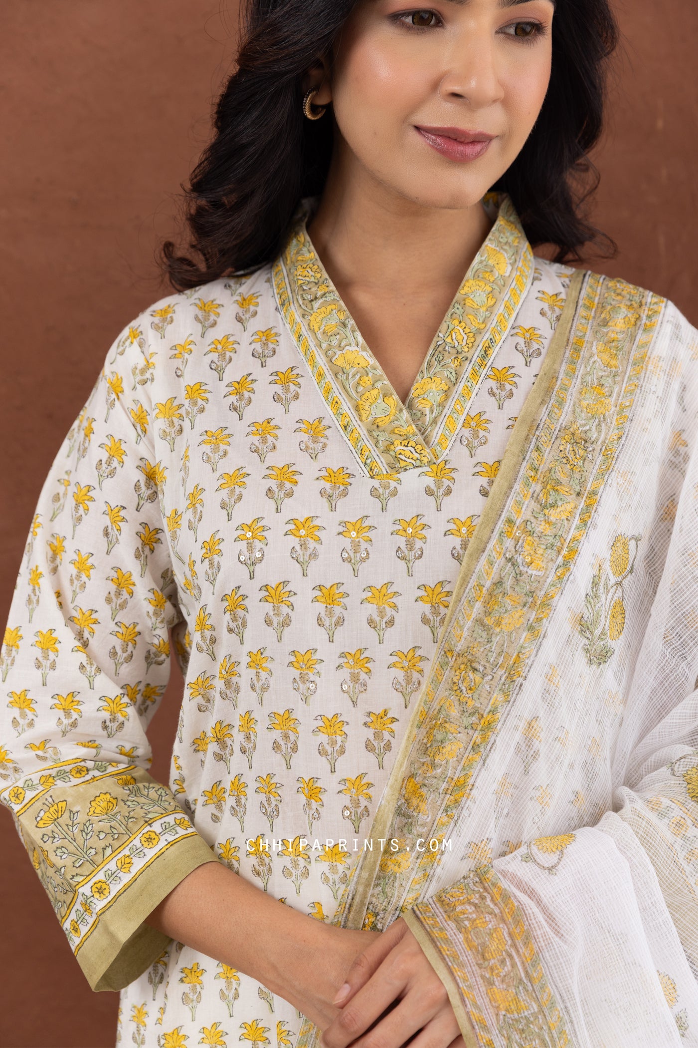 Cotton Block Print Palm Buti Kurta Set in Olive Oil