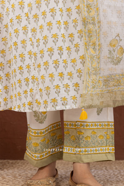 Cotton Block Print Palm Buti Kurta Set in Olive Oil