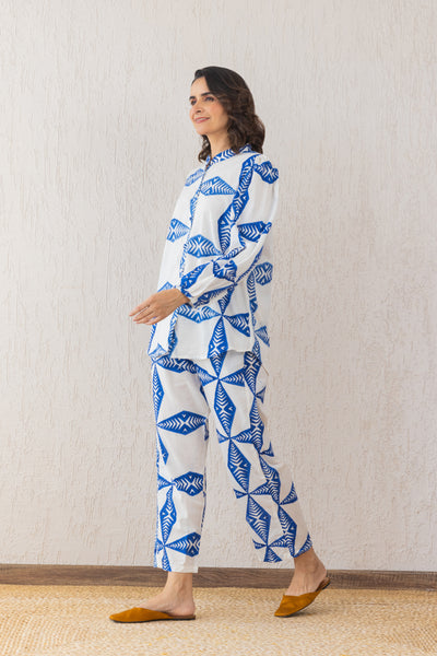 Cotton Star Block Print Relax Shirt & Pants Co Ord Set in Blue