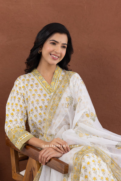 Cotton Block Print Palm Buti Kurta Set in Olive Oil