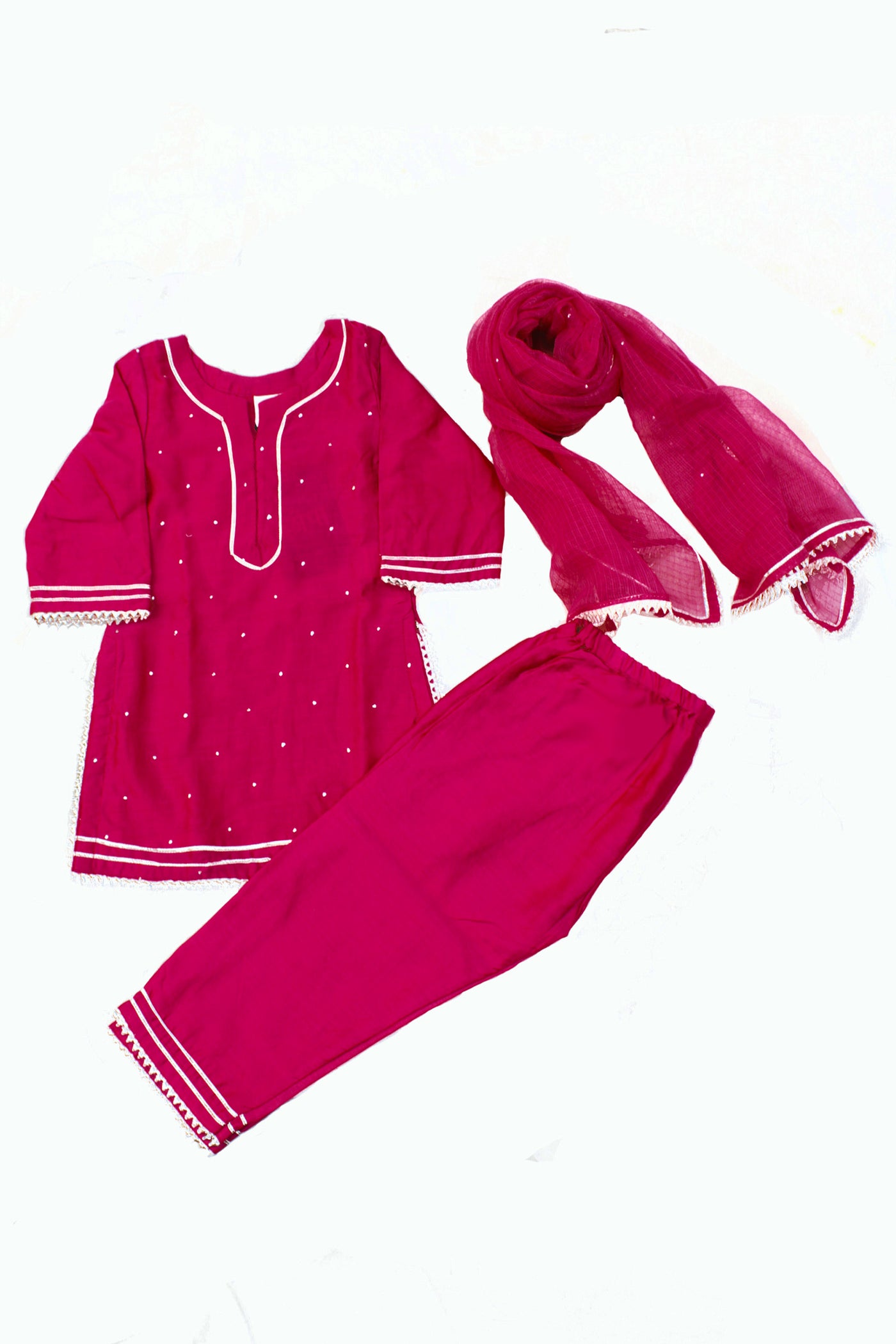 Chanderi Silk Mukaish Work and Gota Lace Girls Kurta Set in Hot Pink