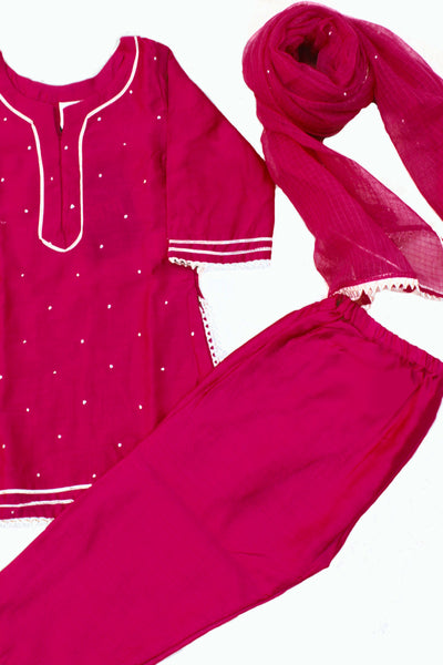 Chanderi Silk Mukaish Work and Gota Lace Girls Kurta Set in Hot Pink