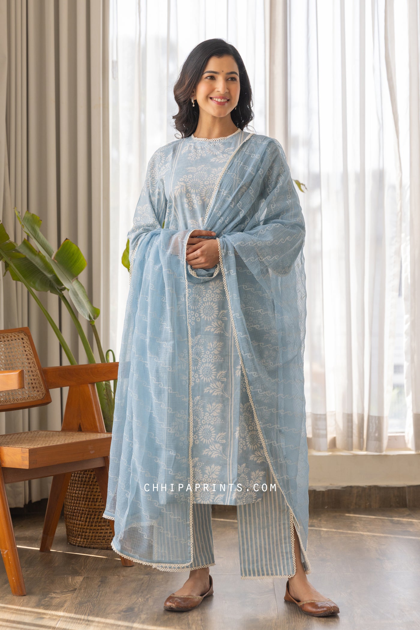 Cotton Block Print Flores Kurta Set in Baby Blue