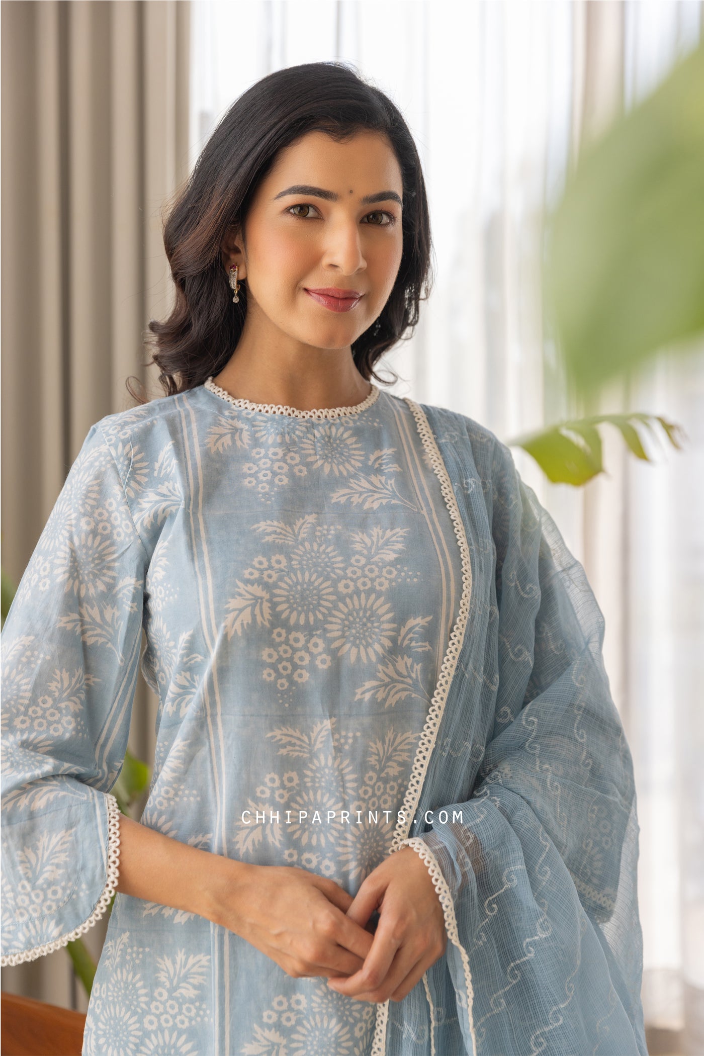 Cotton Block Print Flores Kurta Set in Baby Blue