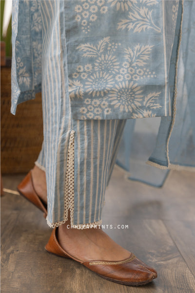 Cotton Block Print Flores Kurta Set in Baby Blue