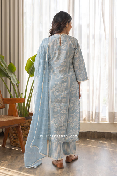 Cotton Block Print Flores Kurta Set in Baby Blue