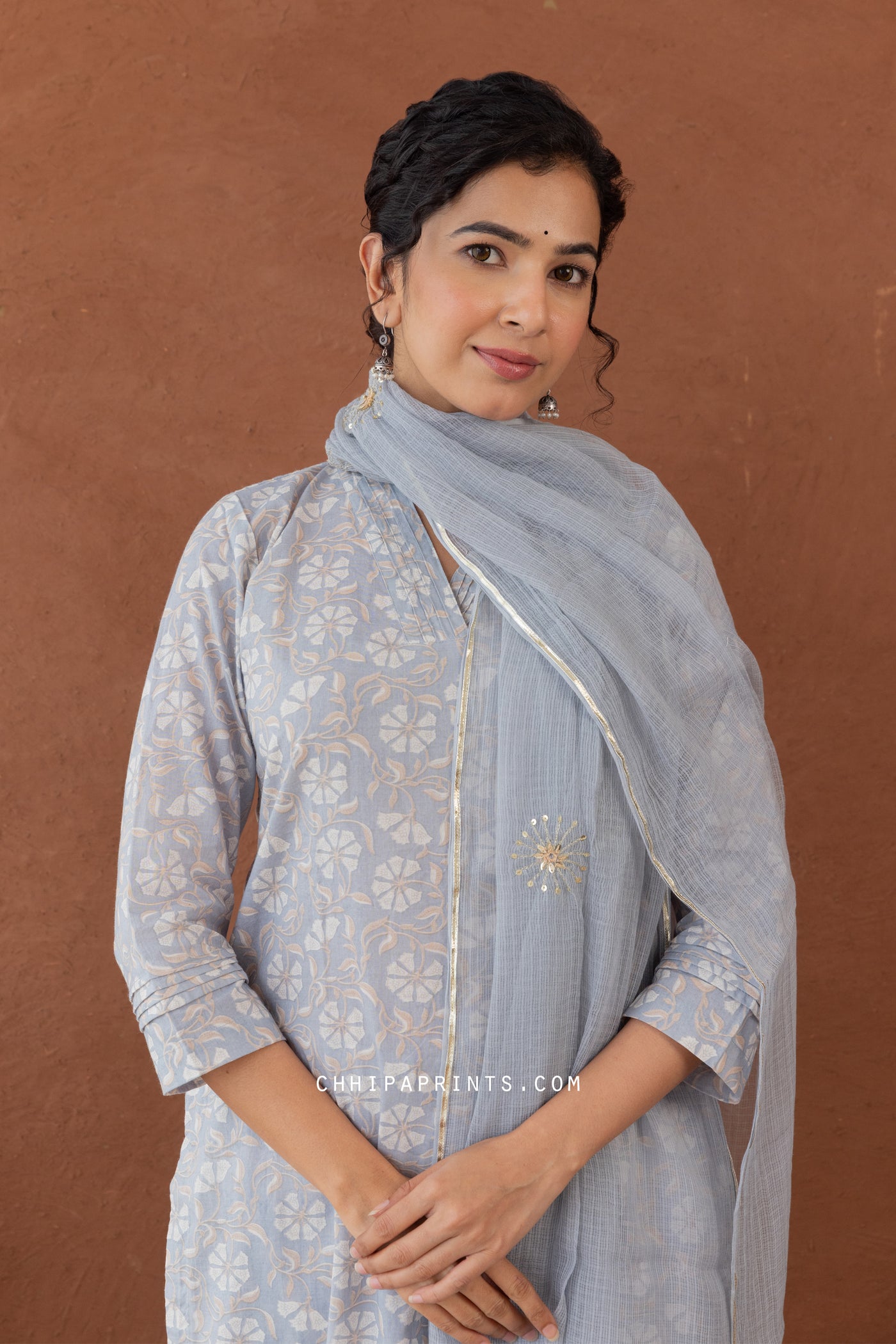 Cotton Mahin Gud Jaal Print Kurta Set in Pearl Grey