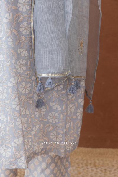 Cotton Mahin Gud Jaal Print Kurta Set in Pearl Grey