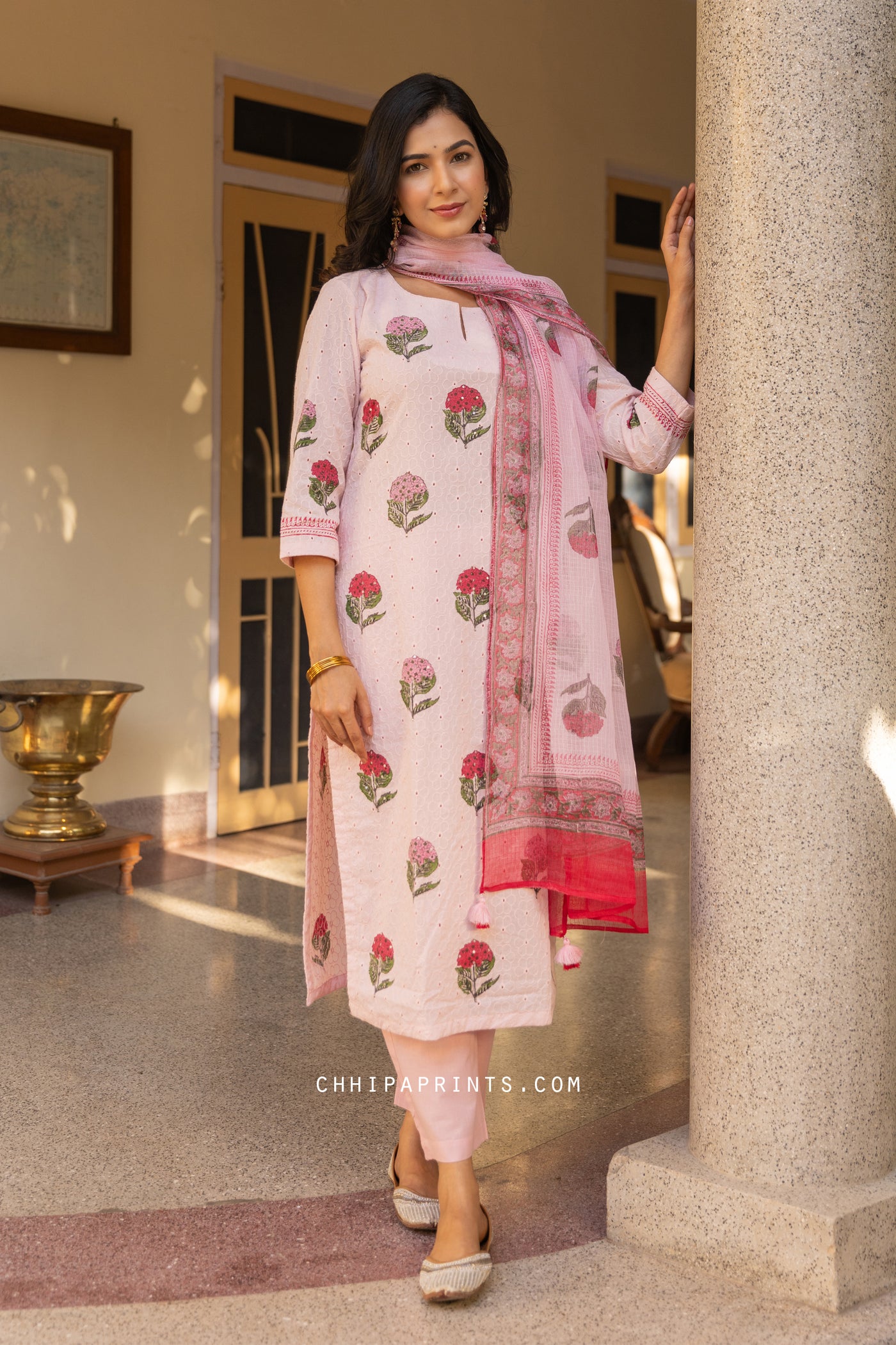 Cotton Schiffli Mughal Buta Block Print Kurta Set in Candy Pink