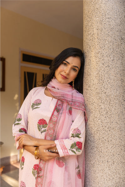 Cotton Schiffli Mughal Buta Block Print Kurta Set in Candy Pink