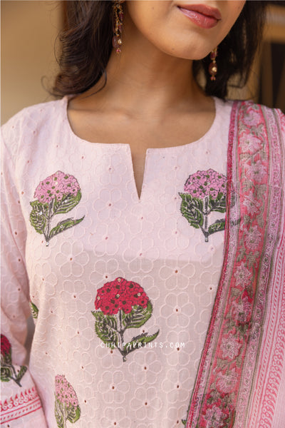 Cotton Schiffli Mughal Buta Block Print Kurta Set in Candy Pink