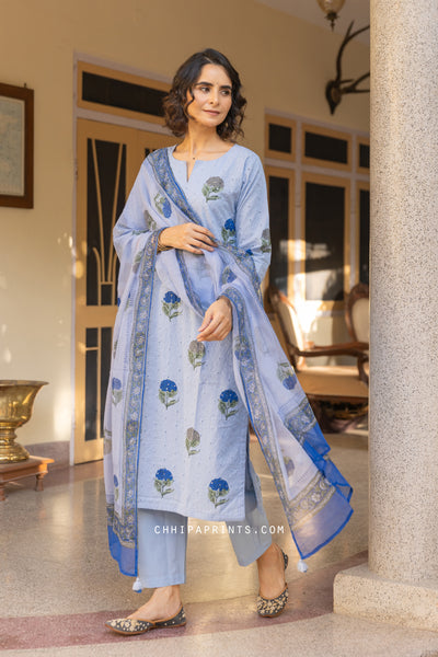 Cotton Schiffli Mughal Buta Block Print Kurta Set in Baby Blue