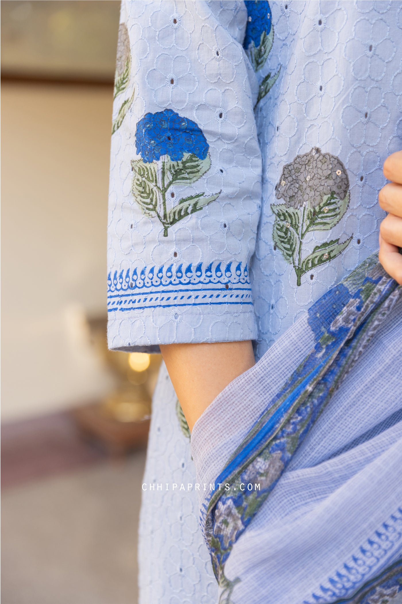 Cotton Schiffli Mughal Buta Block Print Kurta Set in Baby Blue