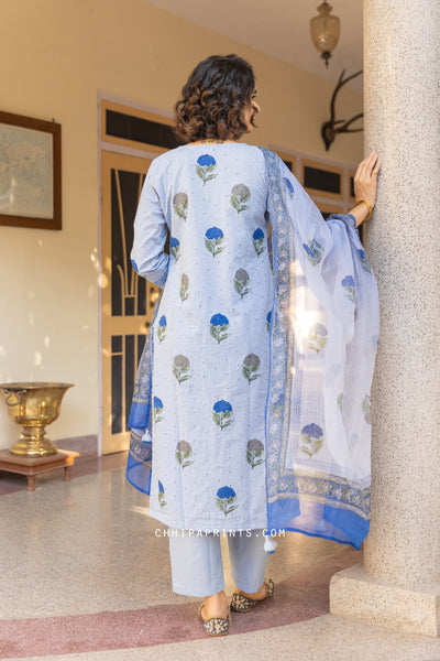 Cotton Schiffli Mughal Buta Block Print Kurta Set in Baby Blue