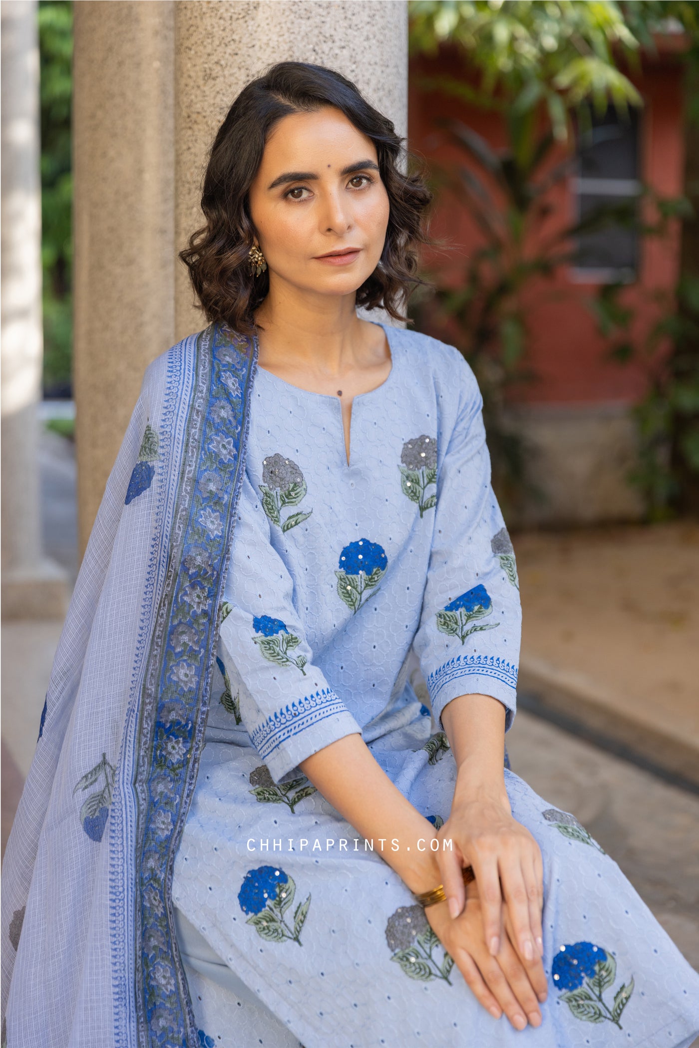 Cotton Schiffli Mughal Buta Block Print Kurta Set in Baby Blue