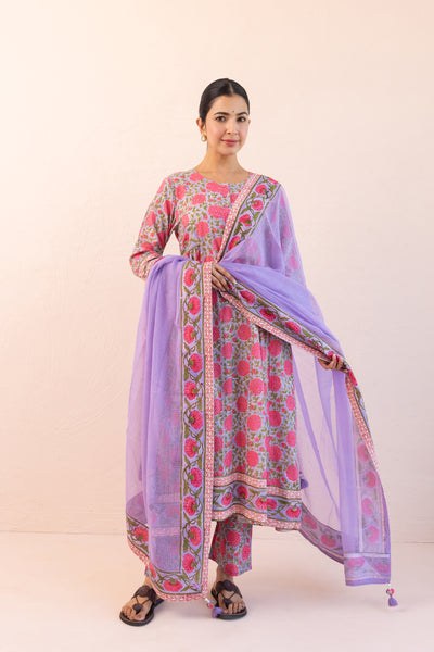 Cotton Block Print Floral Jaal A line Gather Kurta Set in Muted Lavender