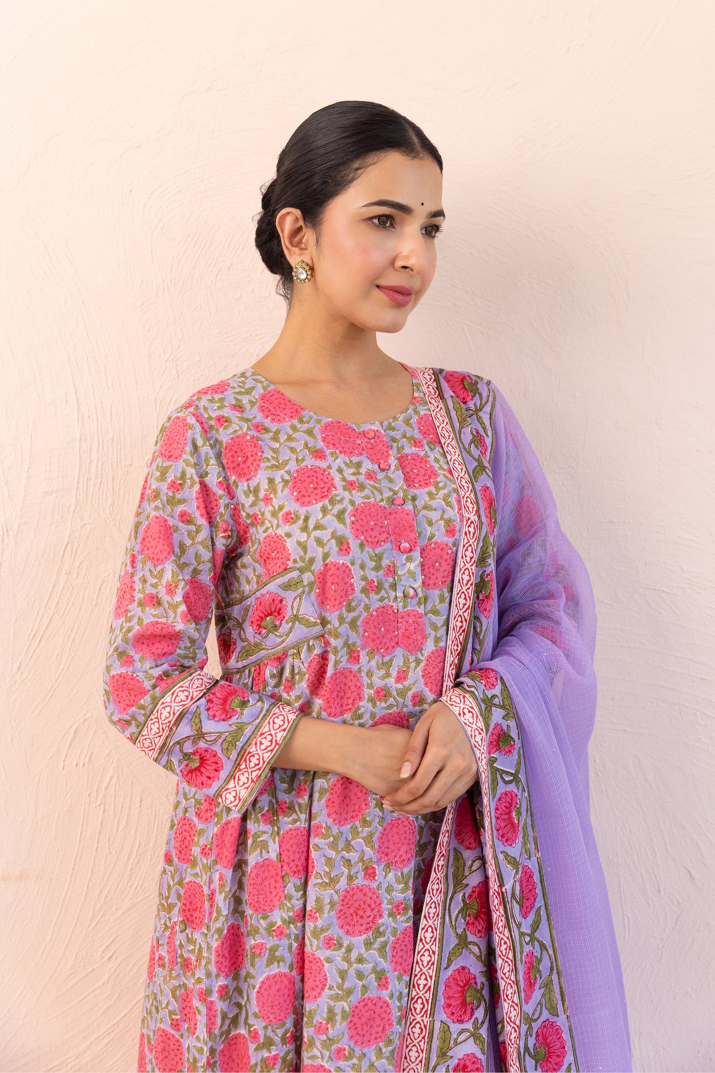 Cotton Block Print Floral Jaal A line Gather Kurta Set in Muted Lavender