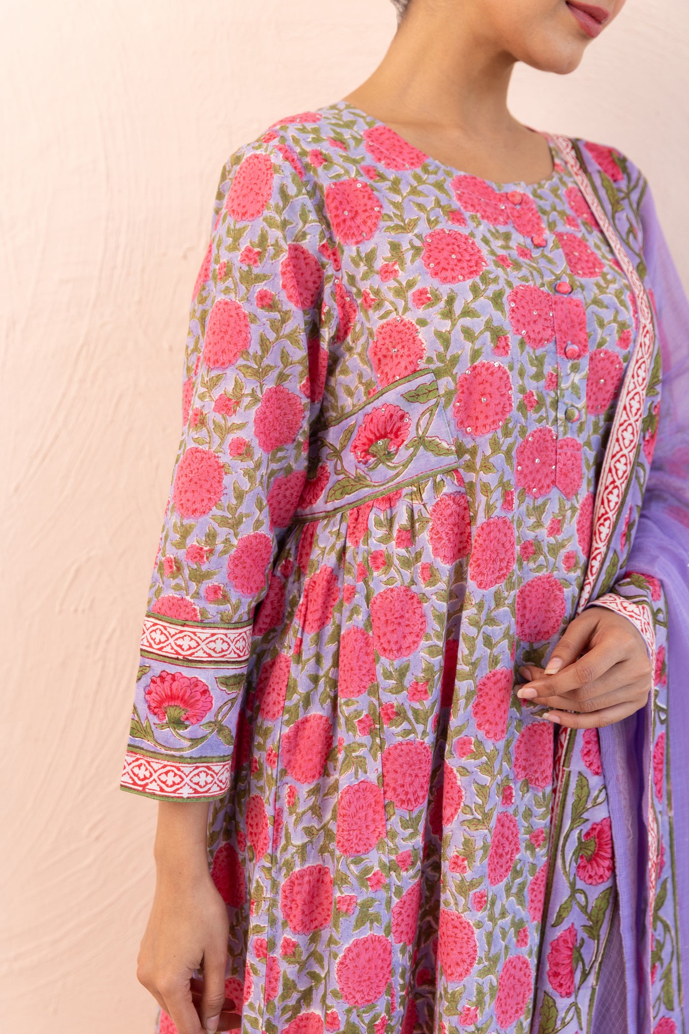 Cotton Block Print Floral Jaal A line Gather Kurta Set in Muted Lavender