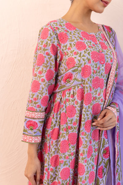 Cotton Block Print Floral Jaal A line Gather Kurta Set in Muted Lavender