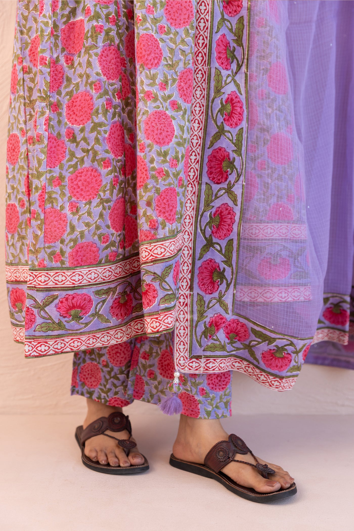 Cotton Block Print Floral Jaal A line Gather Kurta Set in Muted Lavender