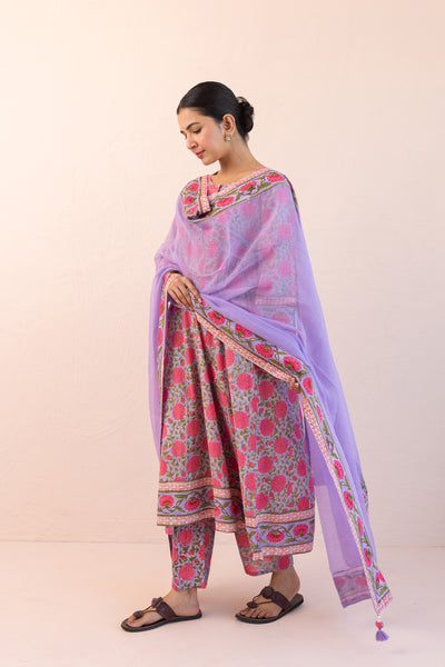 Cotton Block Print Floral Jaal A line Gather Kurta Set in Muted Lavender