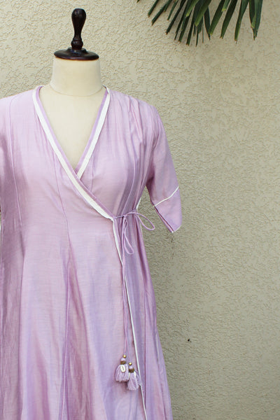 Chanderi Silk Plain Dye Fit & Flare Angrakha Long Dress in Lavender