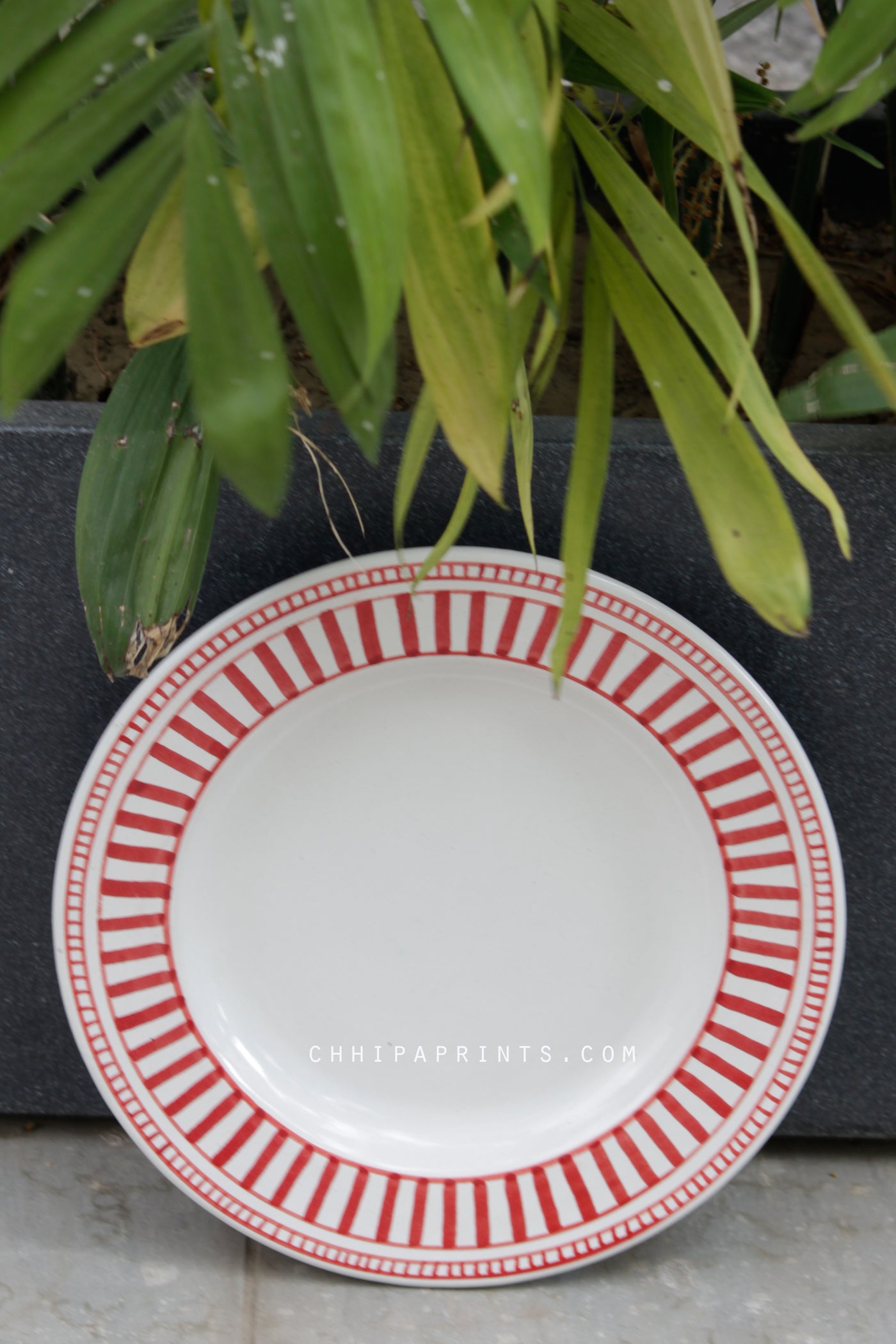 CERAMIC STONEWARE DOTS AND STRIPES DINNER PLATE IN RED