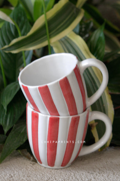 CERAMIC STONEWARE STRIPES COFFEE MUG IN RED