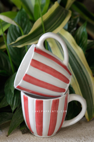 CERAMIC STONEWARE STRIPES COFFEE MUG IN RED