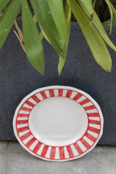 CERAMIC STONEWARE STRIPES DESSERT PLATE IN RED