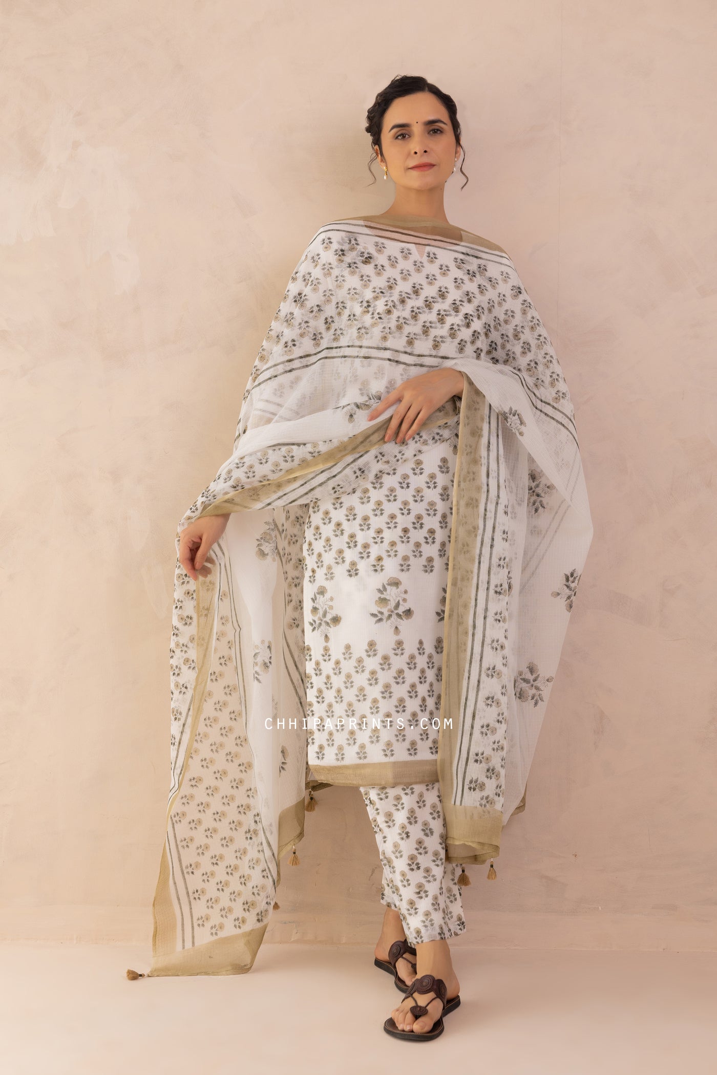 Kota Doria Block Print Panel Kurta Set in Shades of Mushroom & Green
