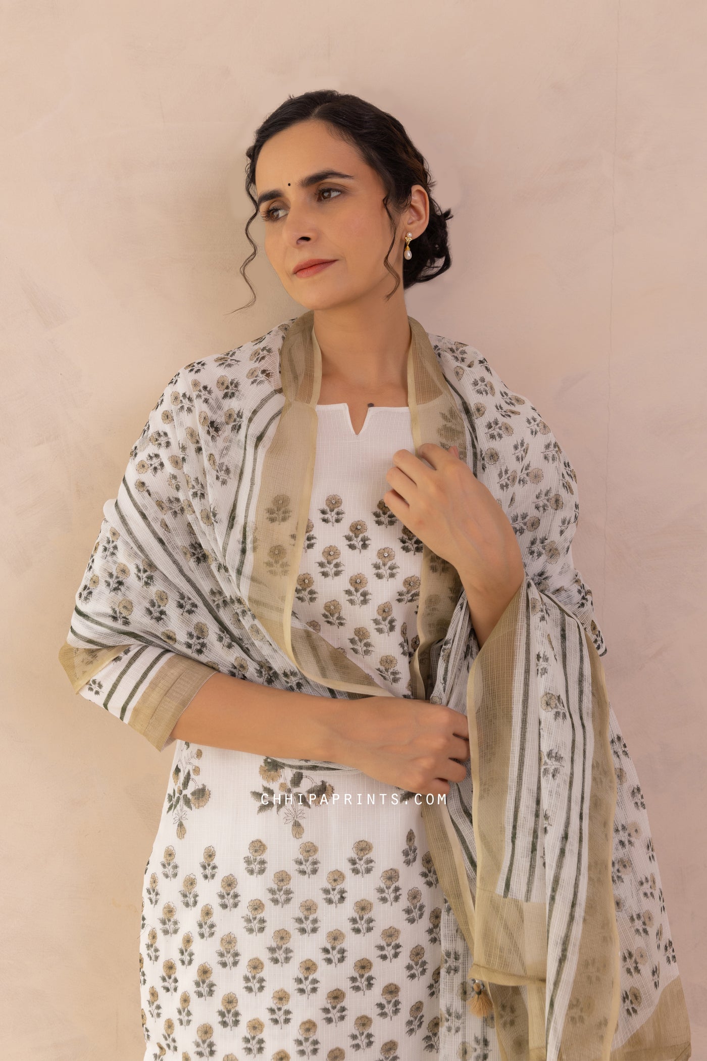 Kota Doria Block Print Panel Kurta Set in Shades of Mushroom & Green