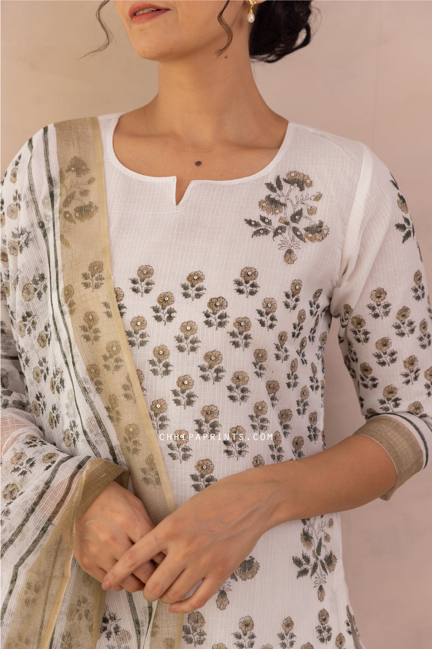 Kota Doria Block Print Panel Kurta Set in Shades of Mushroom & Green