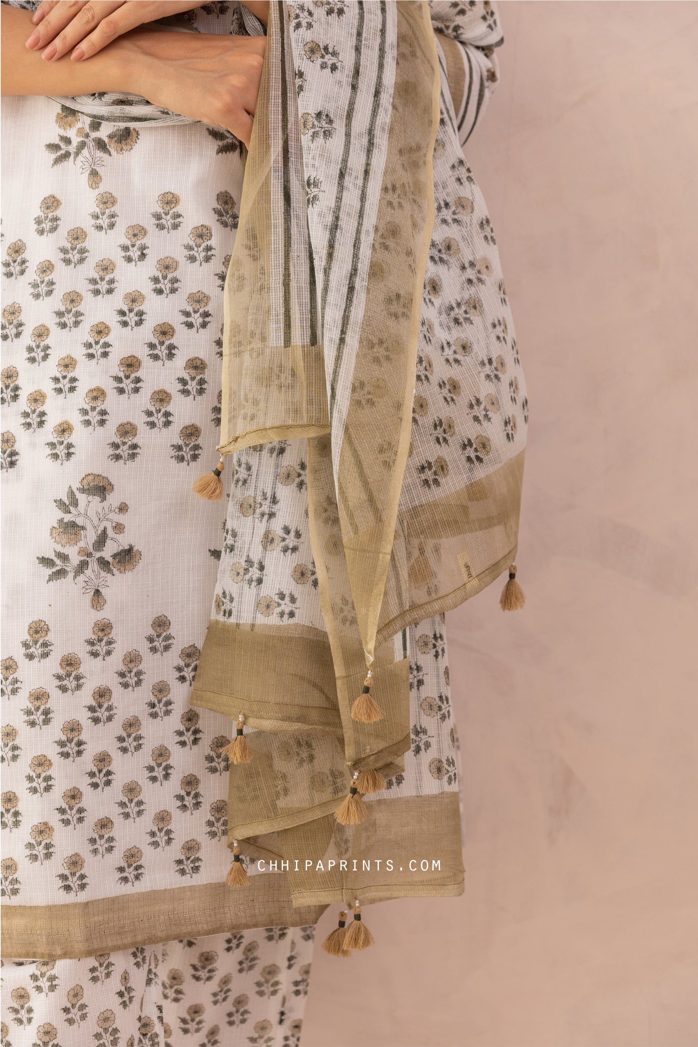 Kota Doria Block Print Panel Kurta Set in Shades of Mushroom & Green