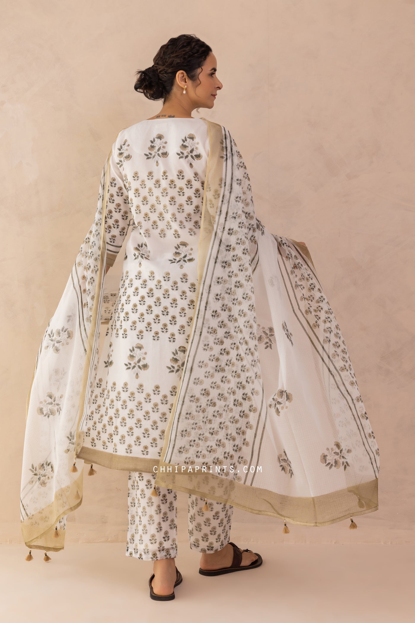 Kota Doria Block Print Panel Kurta Set in Shades of Mushroom & Green