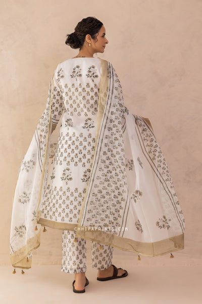 Kota Doria Block Print Panel Kurta Set in Shades of Mushroom & Green