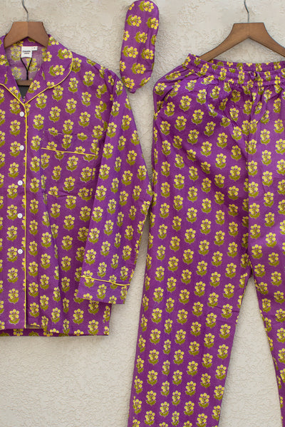 Cotton Buti Print Night Suit with Eye Mask in Plum