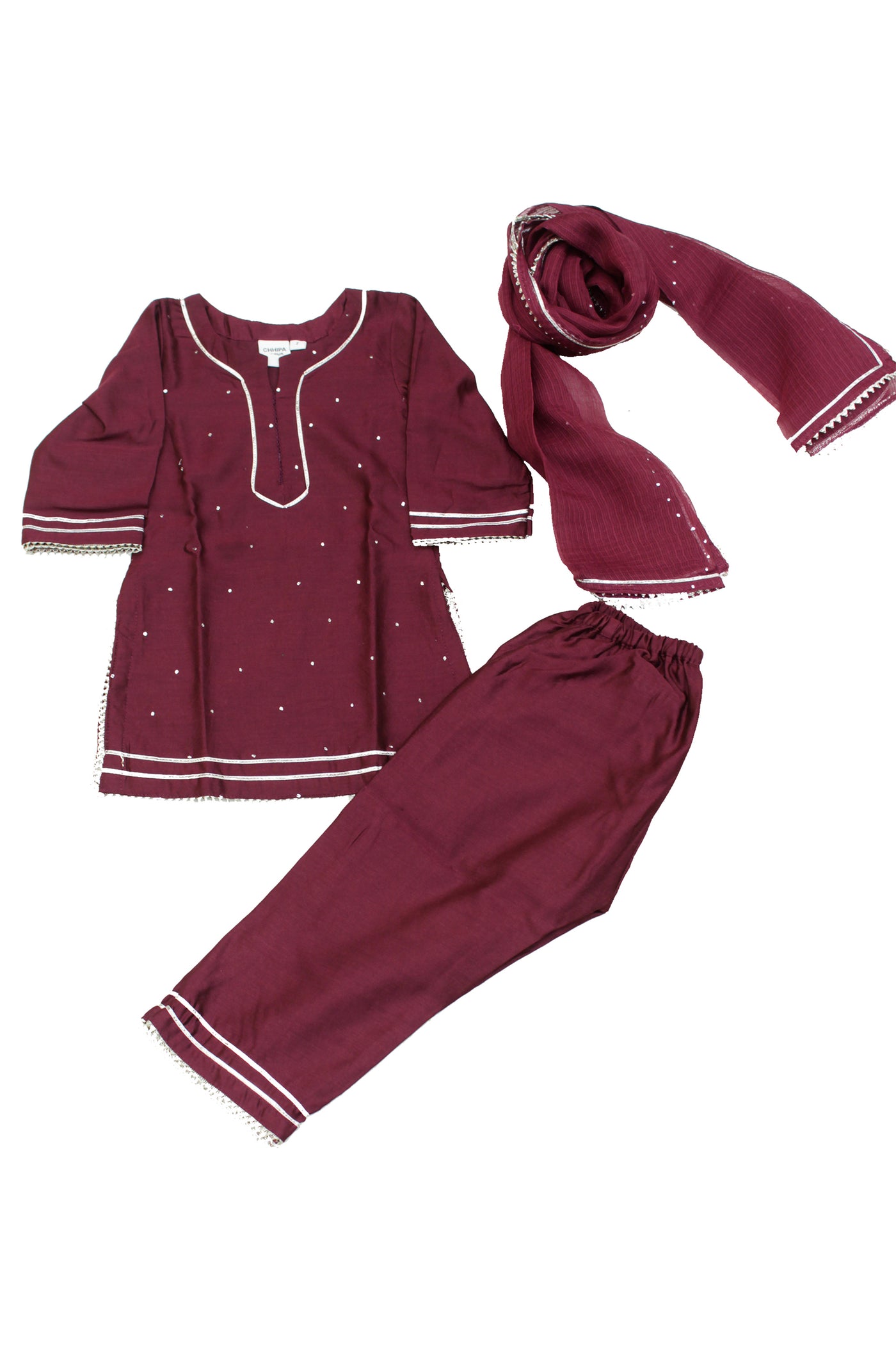 Chanderi Silk Mukaish Work and Gota Lace Girls Kurta Set in Burgundy