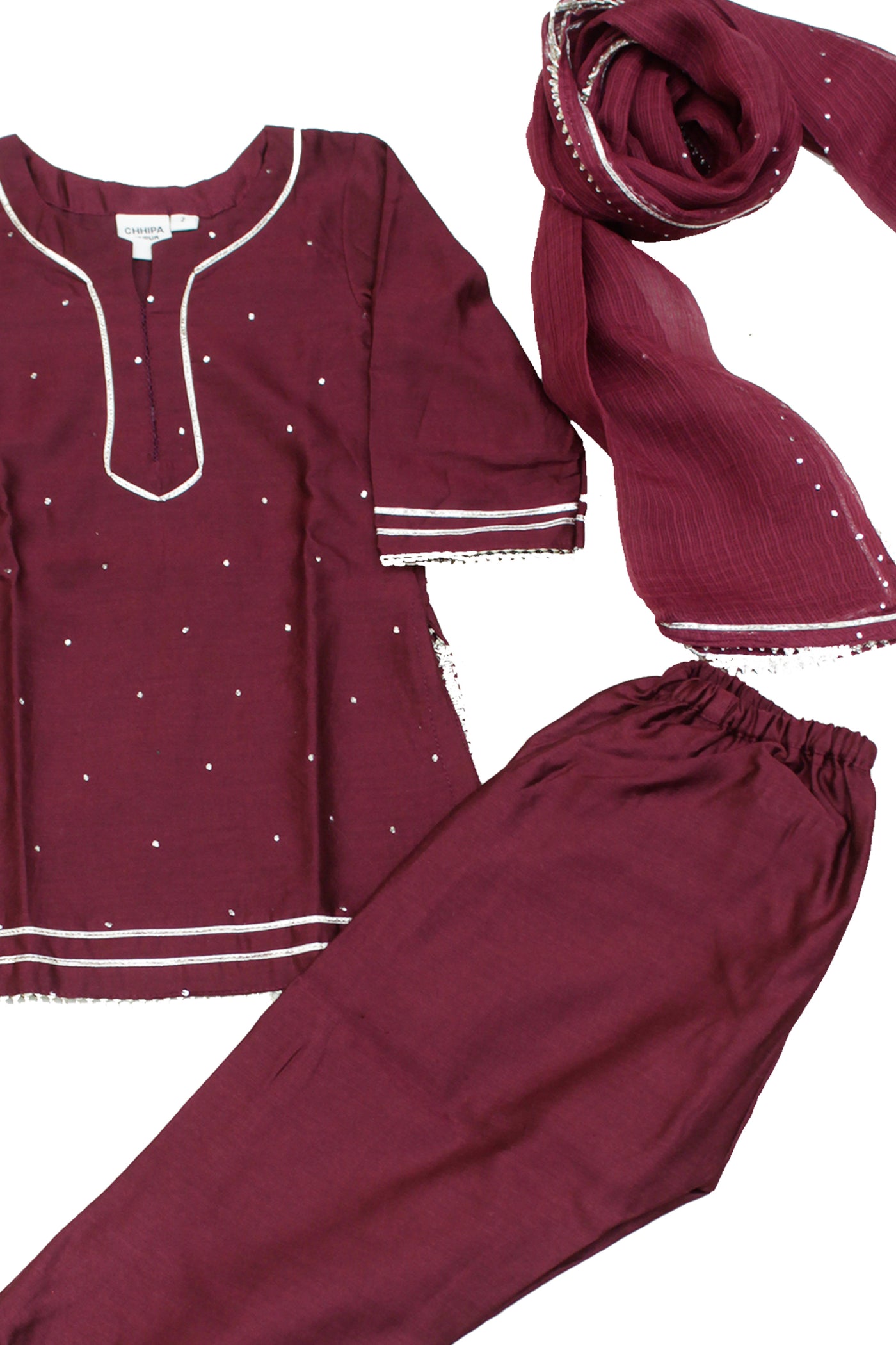 Chanderi Silk Mukaish Work and Gota Lace Girls Kurta Set in Burgundy