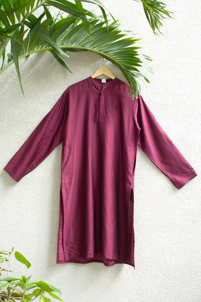 Chanderi Silk Plain Dye Men Kurta in Burgundy