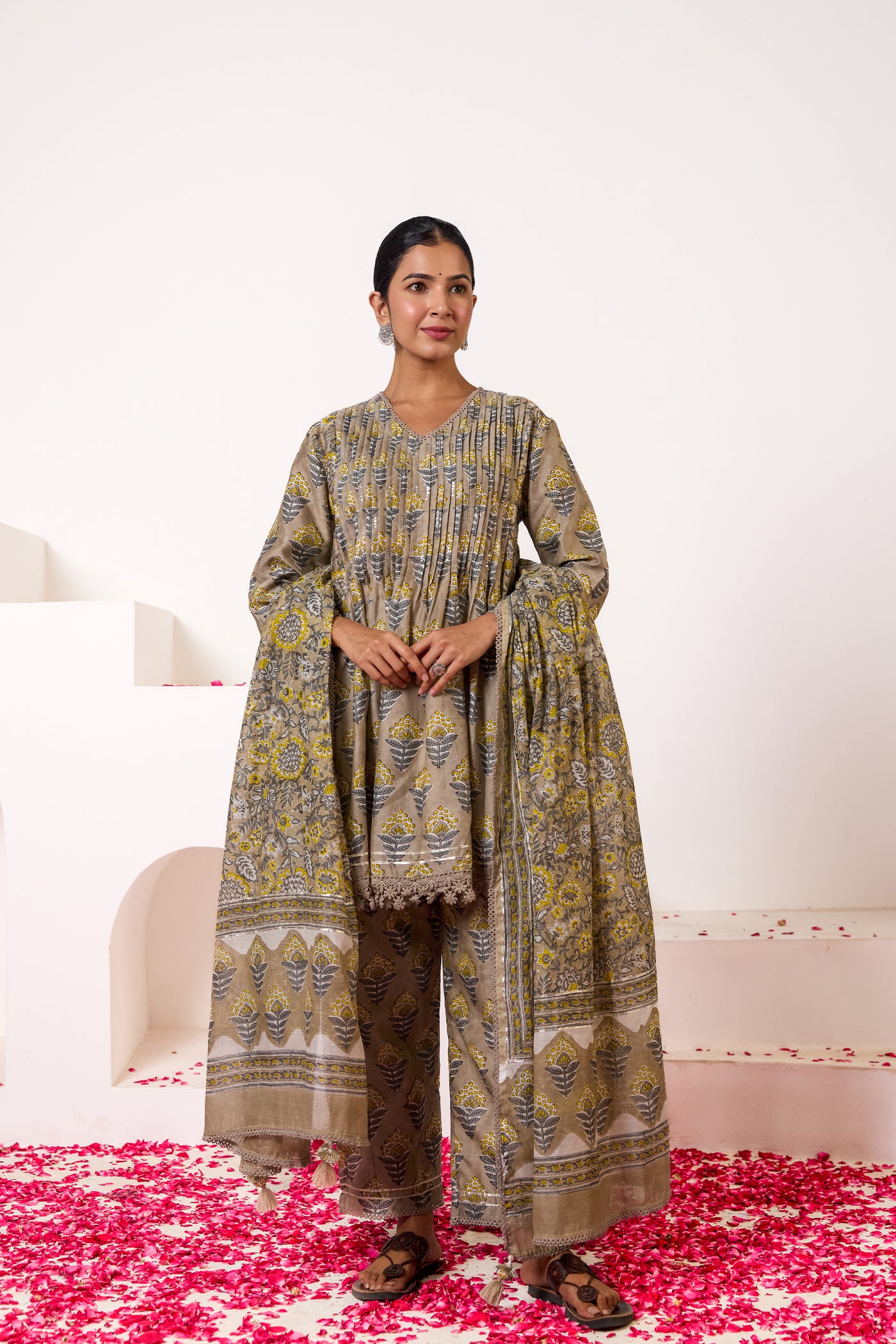 Chanderi Silk Block Print Mughal Buti Kurta Set in Mushroom Grey