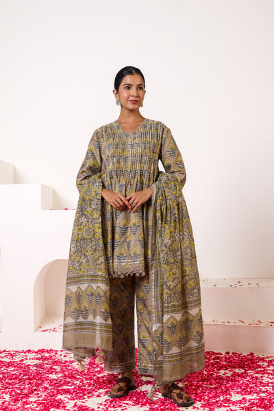 Chanderi Silk Block Print Mughal Buti Kurta Set in Mushroom Grey