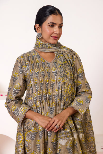 Chanderi Silk Block Print Mughal Buti Kurta Set in Mushroom Grey
