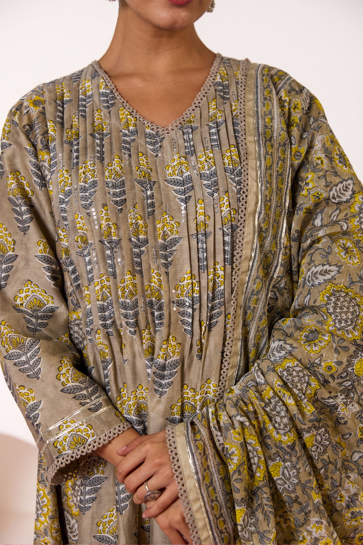 Chanderi Silk Block Print Mughal Buti Kurta Set in Mushroom Grey