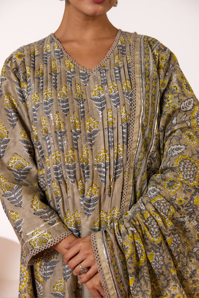 Chanderi Silk Block Print Mughal Buti Kurta Set in Mushroom Grey