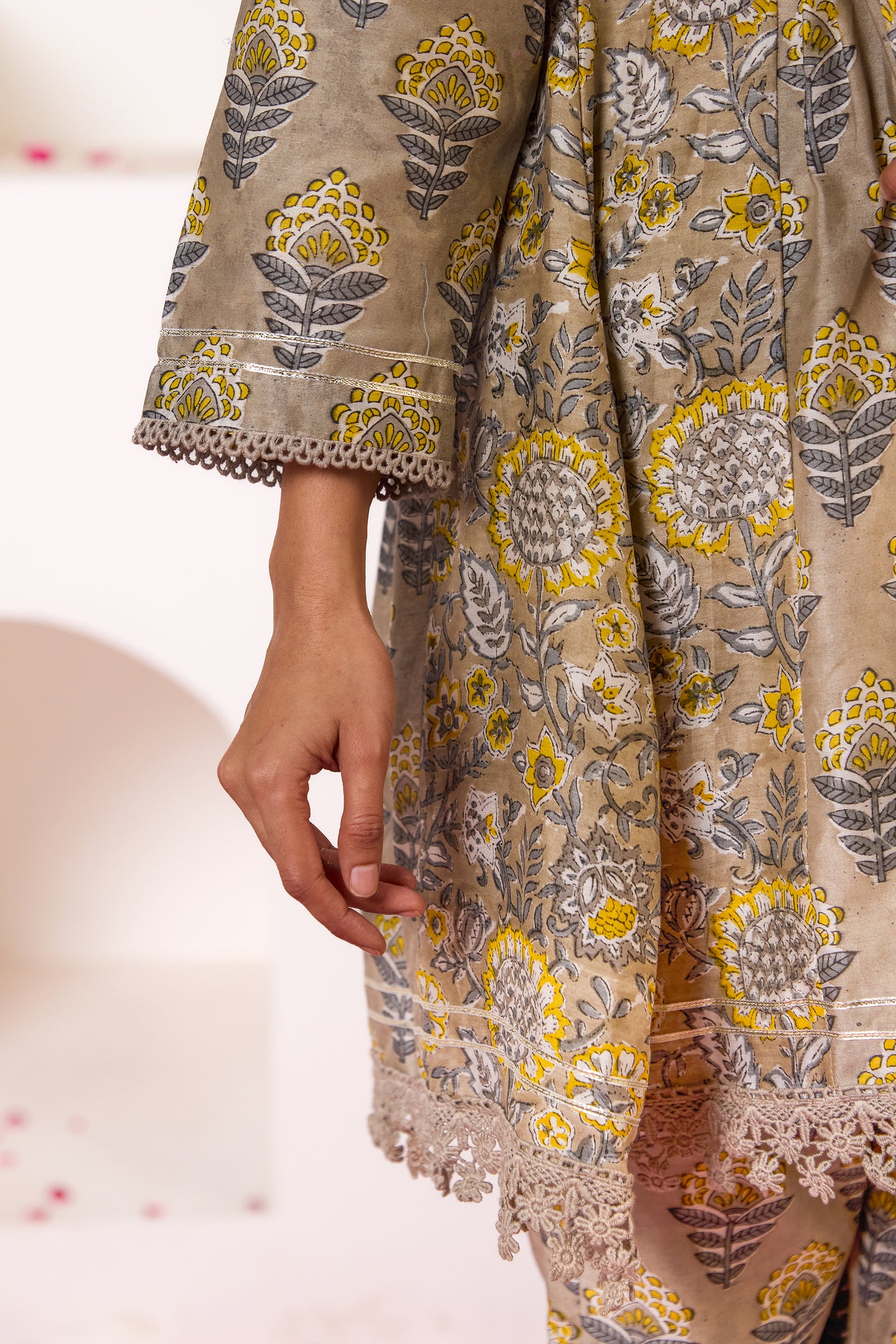 Chanderi Silk Block Print Mughal Buti Kurta Set in Mushroom Grey