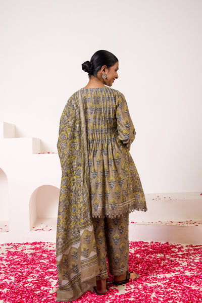 Chanderi Silk Block Print Mughal Buti Kurta Set in Mushroom Grey