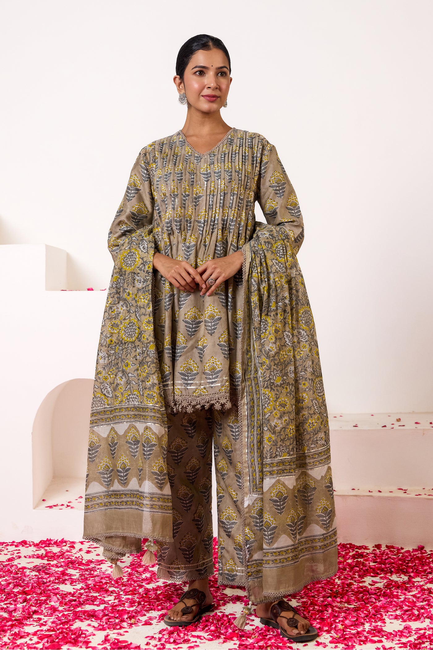 Chanderi Silk Block Print Mughal Buti Kurta Set in Mushroom Grey